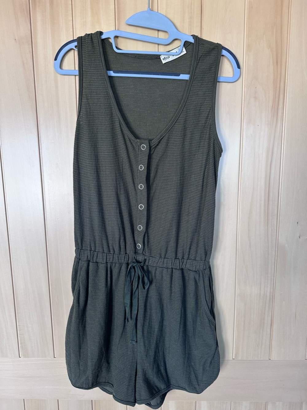 Sleeveless Button-Front Olive Romper with Drawstring